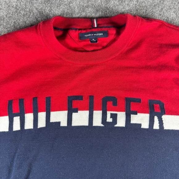 Tommy Hilfiger Mens Crew Neck Sweater Red Navy White Color Block Logo XL - Picture 5 of 9